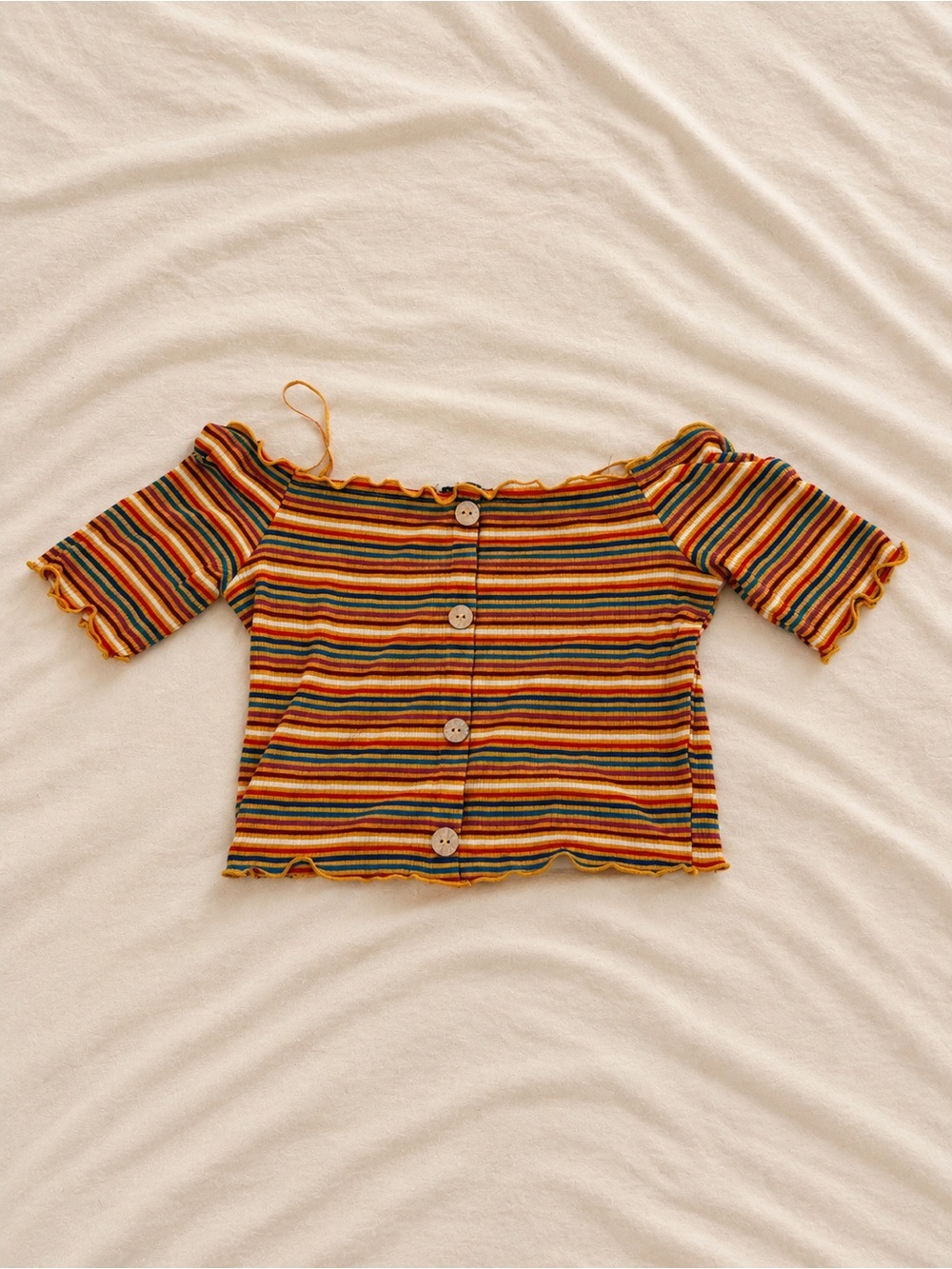 Two Multicolor Striped Off-Shoulder Button Crop Top